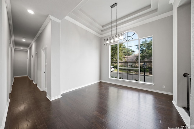 spare room with ornamental molding, a tray ceiling, and dark hardwood / wood-style floors