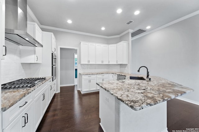 kitchen with white cabinets, sink, wall chimney range hood, dark hardwood / wood-style floors, and light stone countertops