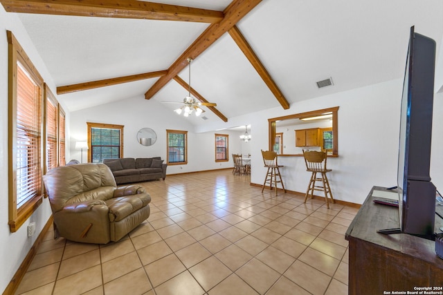 living room featuring light tile patterned flooring, ceiling fan with notable chandelier, and lofted ceiling with beams