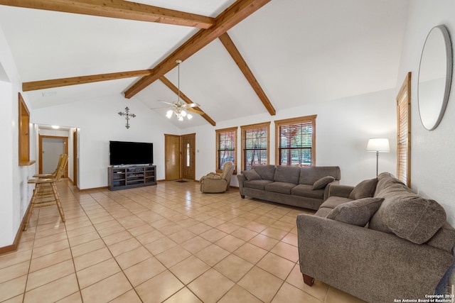 tiled living room featuring beam ceiling, high vaulted ceiling, and ceiling fan