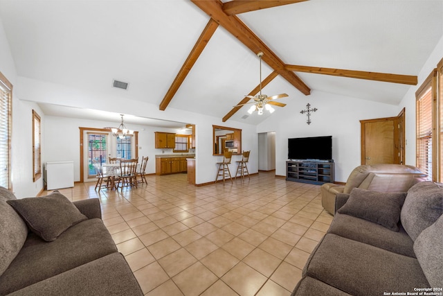 living room featuring ceiling fan with notable chandelier, high vaulted ceiling, beamed ceiling, and light tile patterned floors