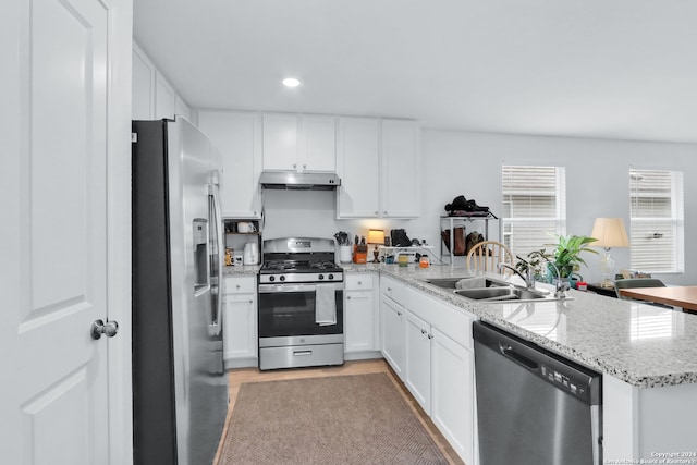 kitchen featuring stainless steel appliances, kitchen peninsula, white cabinets, and sink