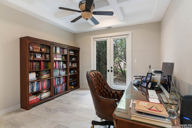 office featuring ceiling fan, light tile patterned floors, french doors, and coffered ceiling