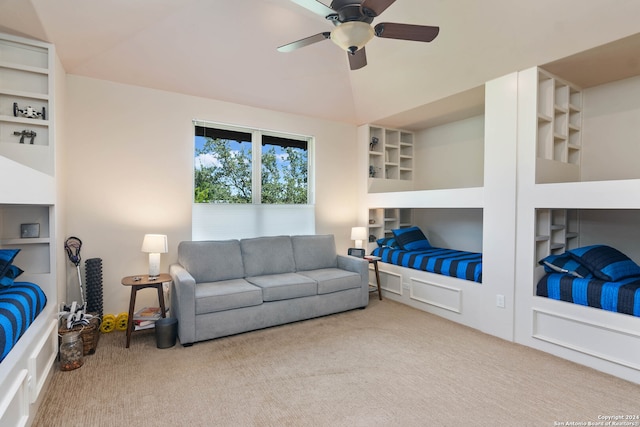 bedroom featuring ceiling fan and light colored carpet