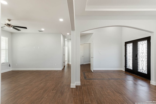 entrance foyer featuring french doors, dark hardwood / wood-style flooring, and ceiling fan