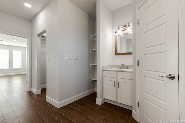 bathroom with wood-type flooring and vanity