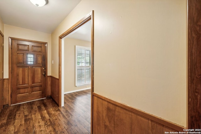 foyer entrance featuring wooden walls and dark hardwood / wood-style flooring