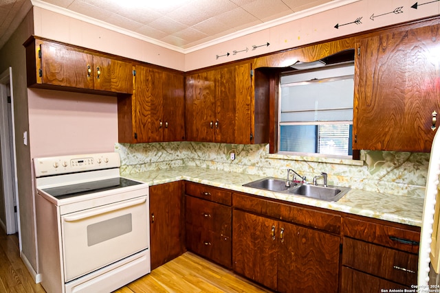 kitchen with crown molding, sink, light hardwood / wood-style floors, and electric range