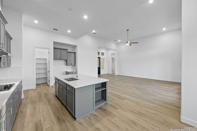 kitchen featuring black electric cooktop, gray cabinetry, sink, light hardwood / wood-style floors, and a center island with sink