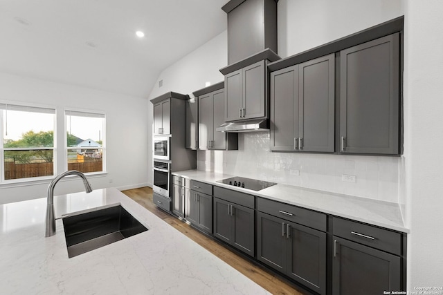 kitchen with light stone counters, wood-type flooring, stainless steel appliances, sink, and vaulted ceiling