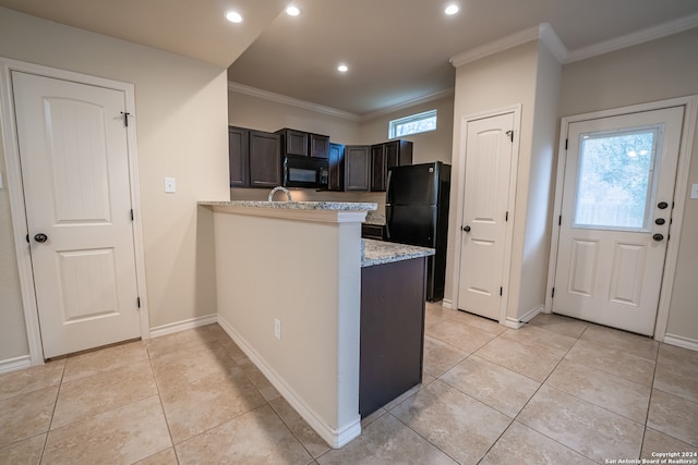 kitchen featuring black appliances, light stone countertops, light tile patterned flooring, kitchen peninsula, and ornamental molding