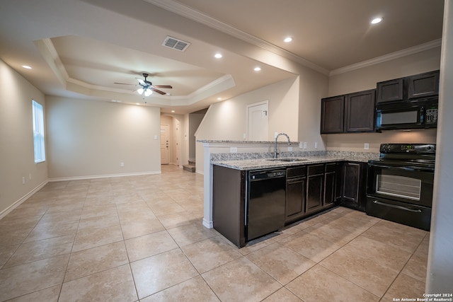 kitchen featuring light stone counters, black appliances, ceiling fan, sink, and ornamental molding