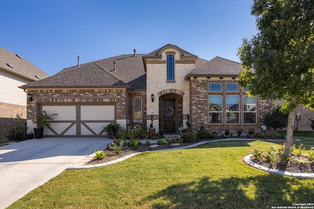 french country inspired facade featuring a front yard and a garage