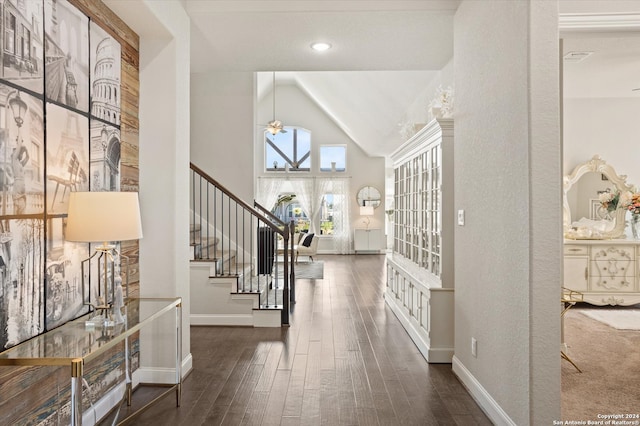 foyer with dark hardwood / wood-style flooring and high vaulted ceiling