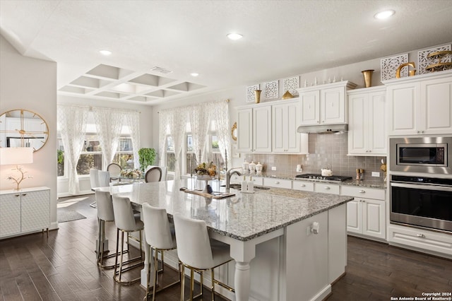 kitchen featuring dark hardwood / wood-style flooring, white cabinets, an island with sink, light stone countertops, and appliances with stainless steel finishes