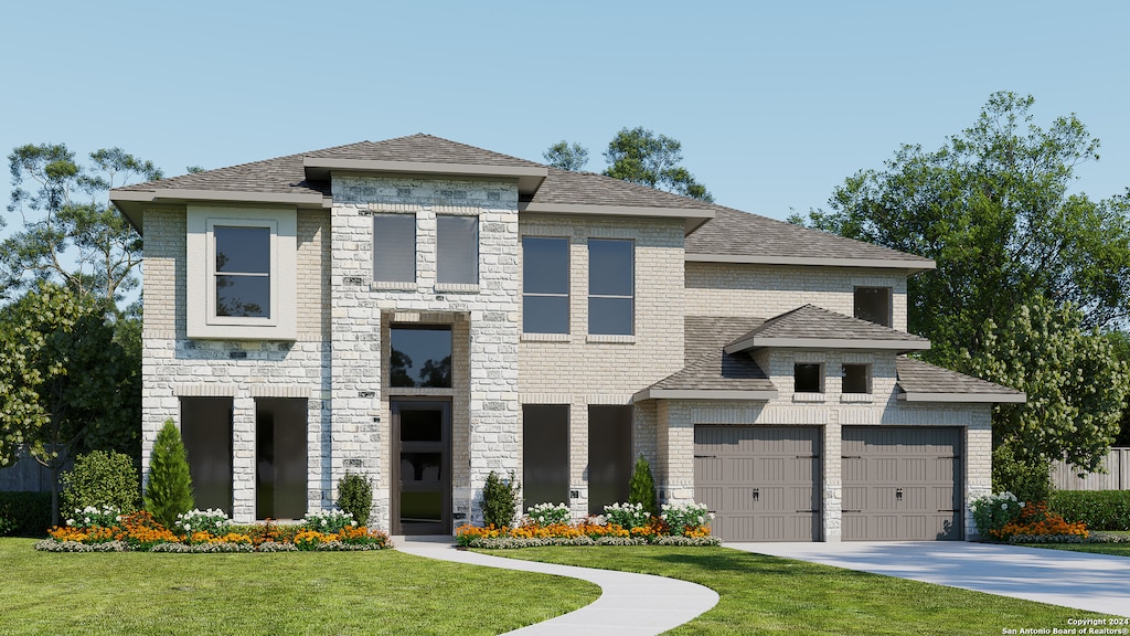 view of front of house featuring a garage, brick siding, driveway, and a front lawn