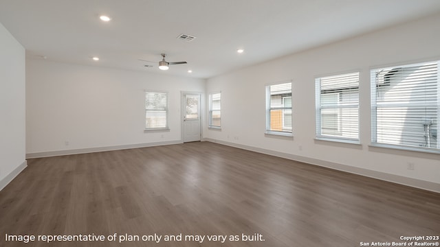 unfurnished living room featuring ceiling fan, wood finished floors, recessed lighting, and baseboards