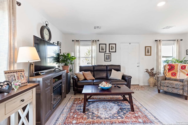 living room with plenty of natural light and light hardwood / wood-style floors