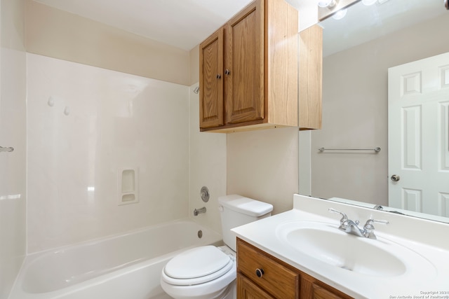 full bathroom featuring tub / shower combination, vanity, and toilet