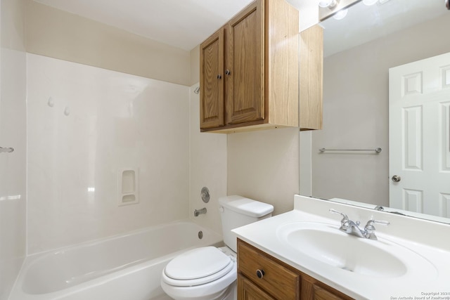 full bath featuring washtub / shower combination, toilet, and vanity