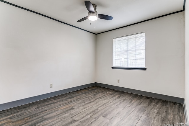 unfurnished room with ornamental molding, hardwood / wood-style floors, and ceiling fan