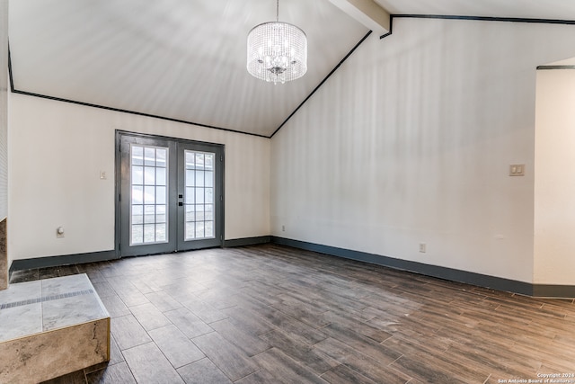 empty room featuring high vaulted ceiling, hardwood / wood-style floors, french doors, an inviting chandelier, and beam ceiling