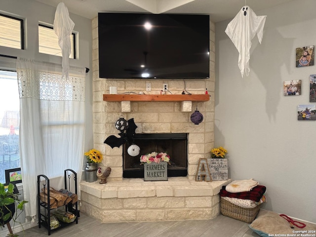 living room with hardwood / wood-style floors and a stone fireplace