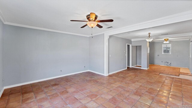unfurnished living room with ceiling fan, crown molding, and baseboards