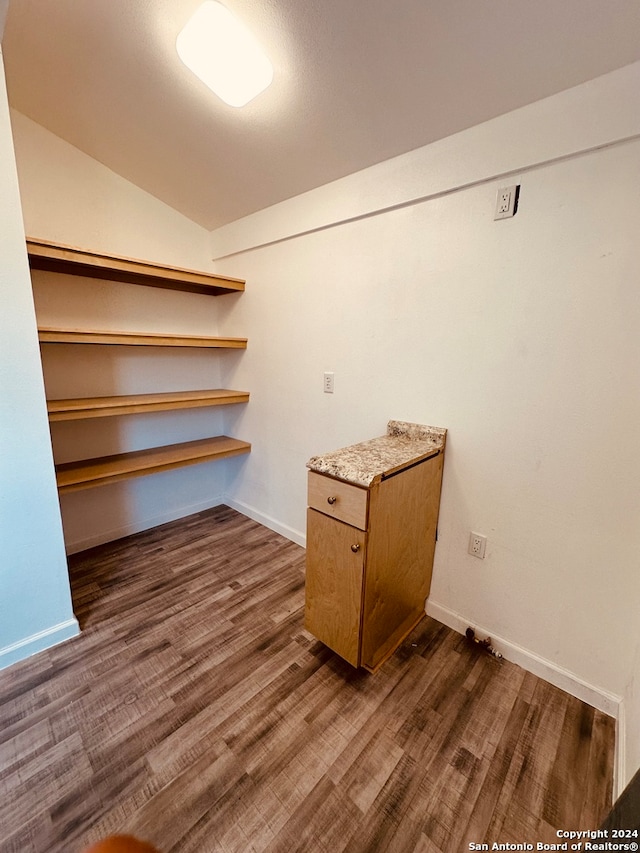 spacious closet with vaulted ceiling and dark hardwood / wood-style flooring