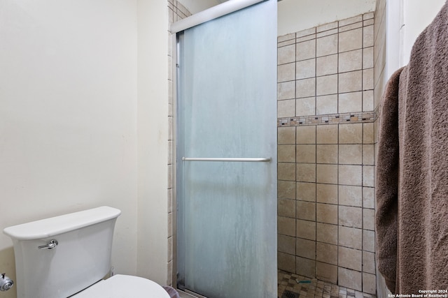 bathroom with toilet and a shower with door