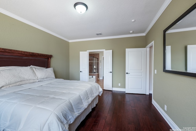 bedroom with dark wood-type flooring and crown molding