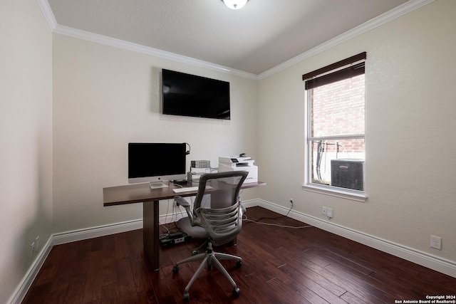 office area with dark wood-style flooring, crown molding, and baseboards
