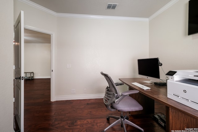 office space with dark wood-type flooring and crown molding