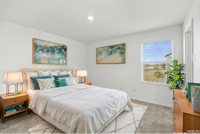 bedroom with light carpet