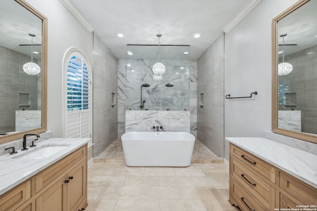 bathroom with vanity, ornamental molding, shower with separate bathtub, and tile patterned flooring