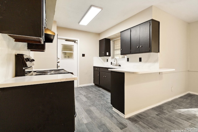 kitchen with exhaust hood, kitchen peninsula, range, and hardwood / wood-style floors