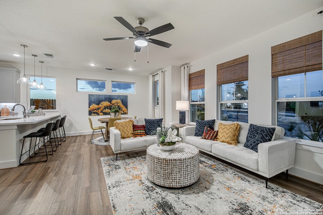 living room with sink, hardwood / wood-style flooring, a textured ceiling, and ceiling fan