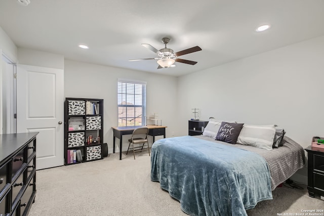 bedroom featuring ceiling fan and carpet flooring