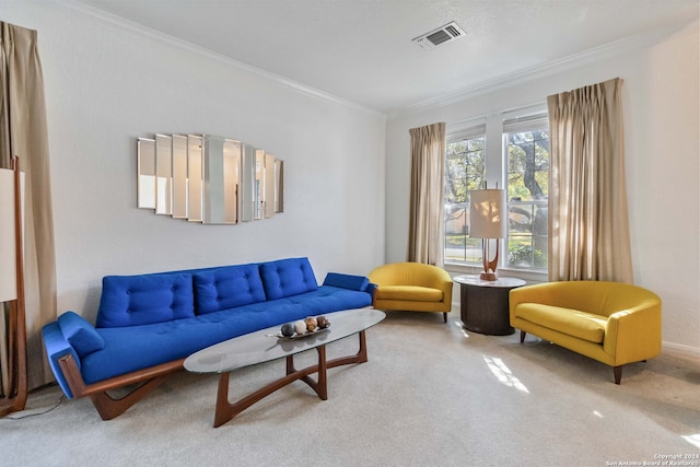 living room featuring crown molding and carpet