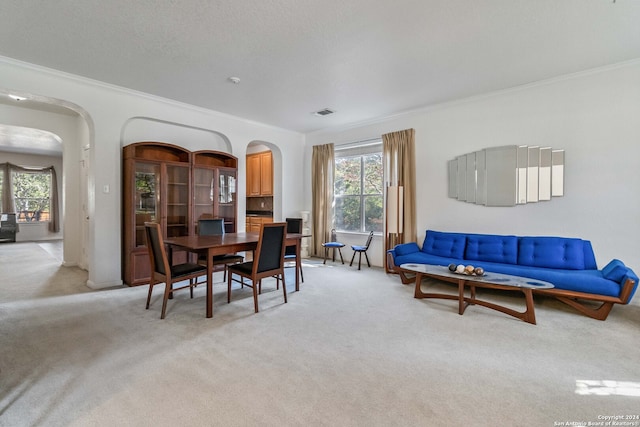 carpeted dining space featuring ornamental molding, a textured ceiling, and a wealth of natural light