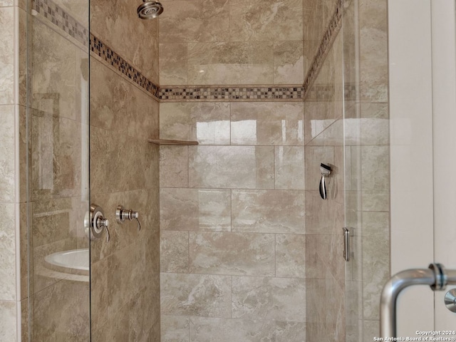 bathroom with a shower with shower door