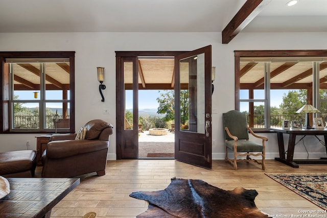 doorway featuring beam ceiling, light hardwood / wood-style flooring, and a healthy amount of sunlight