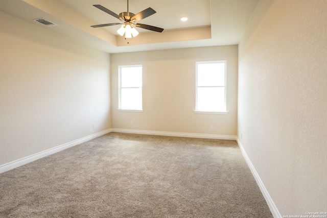 spare room featuring ceiling fan, a tray ceiling, carpet, and a wealth of natural light