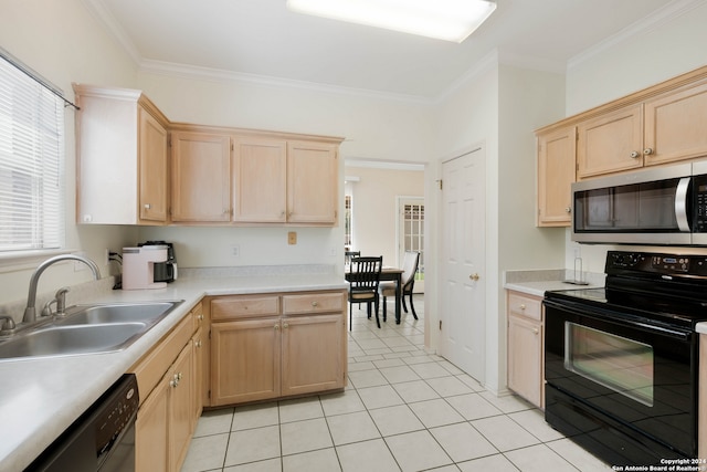 kitchen featuring light brown cabinetry, sink, dishwasher, electric range, and crown molding