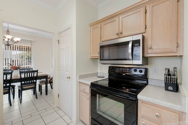 kitchen featuring light brown cabinetry, light tile patterned flooring, electric range, ornamental molding, and an inviting chandelier