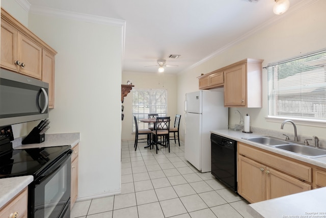 kitchen featuring ceiling fan, light brown cabinetry, black appliances, crown molding, and sink