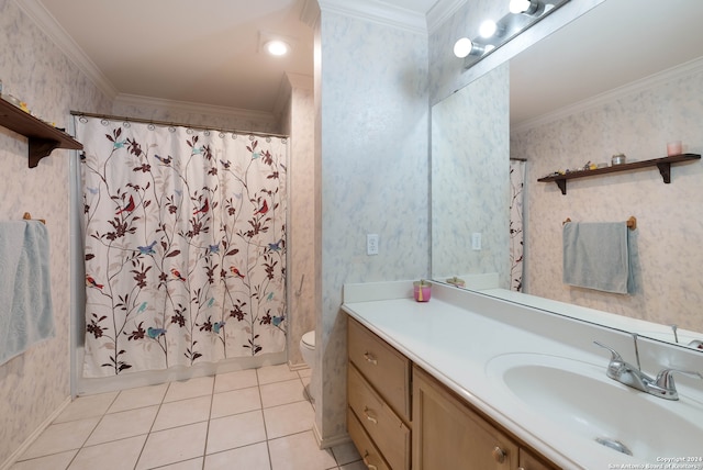 bathroom with vanity, crown molding, toilet, and tile patterned flooring