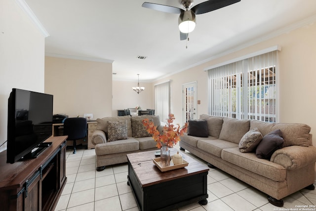 tiled living room with crown molding and ceiling fan with notable chandelier