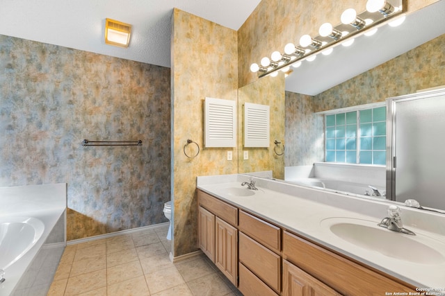 full bathroom featuring a textured ceiling, toilet, tile patterned floors, vaulted ceiling, and vanity