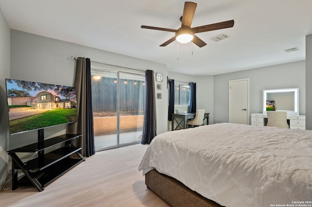 bedroom featuring ceiling fan, access to outside, and light wood-type flooring